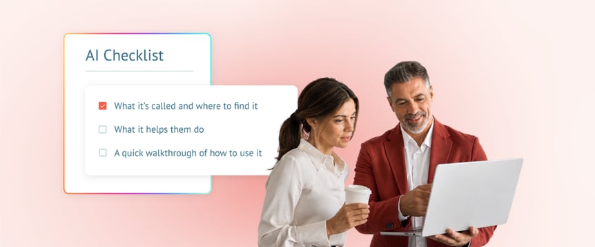 Two funeral directors looking at laptop next to UI of AI-generated checklist