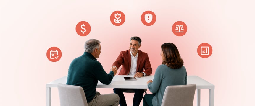Funeral director meeting with family surrounded by icons symbolizing data security