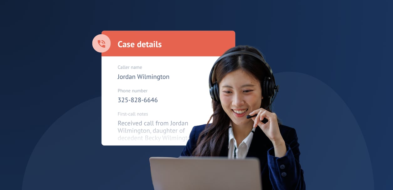 Woman answering a call with case details UI in the background