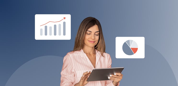 Woman holding tablets with reporting icons
