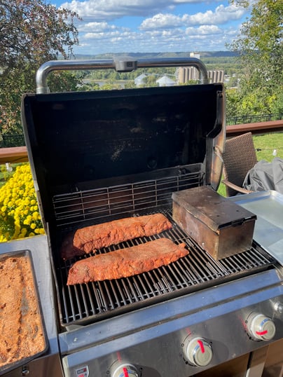 Ribs on the grill with the smoke box