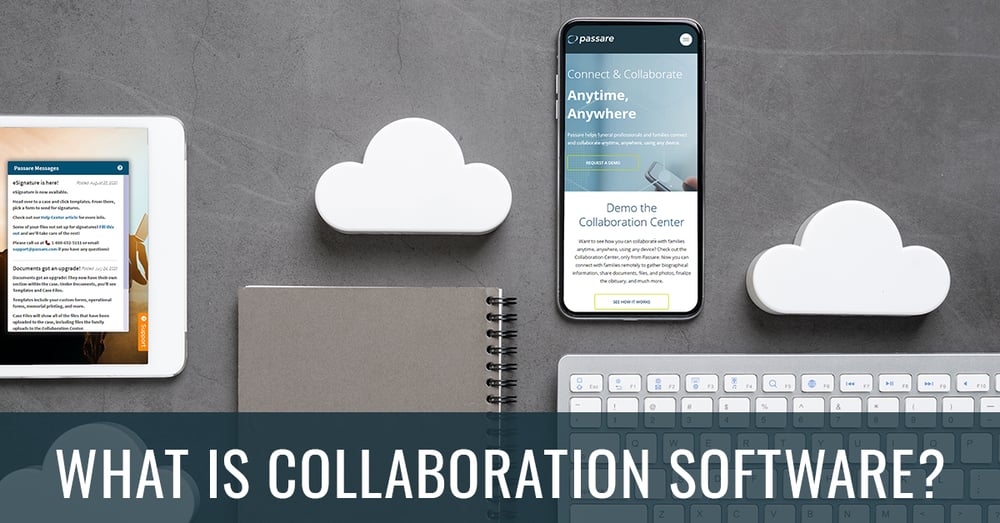 keyboard and cell phone screen with what is collaboration software title