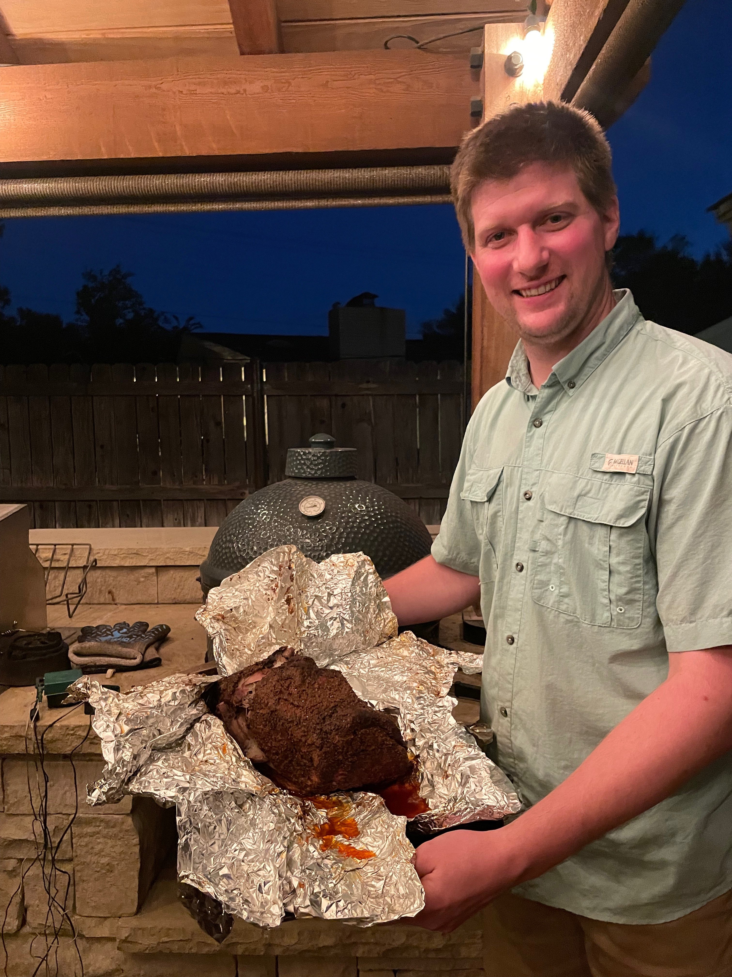 Pulled pork on the green egg (L) - Kelly Gilgenbach